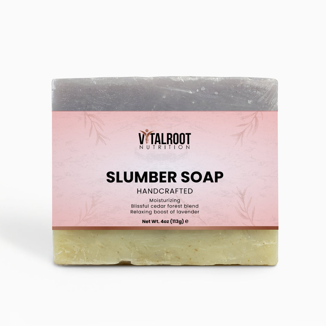 Slumber soap bar with pink packaging featuring 'Vital Root Nutrition' on a white background