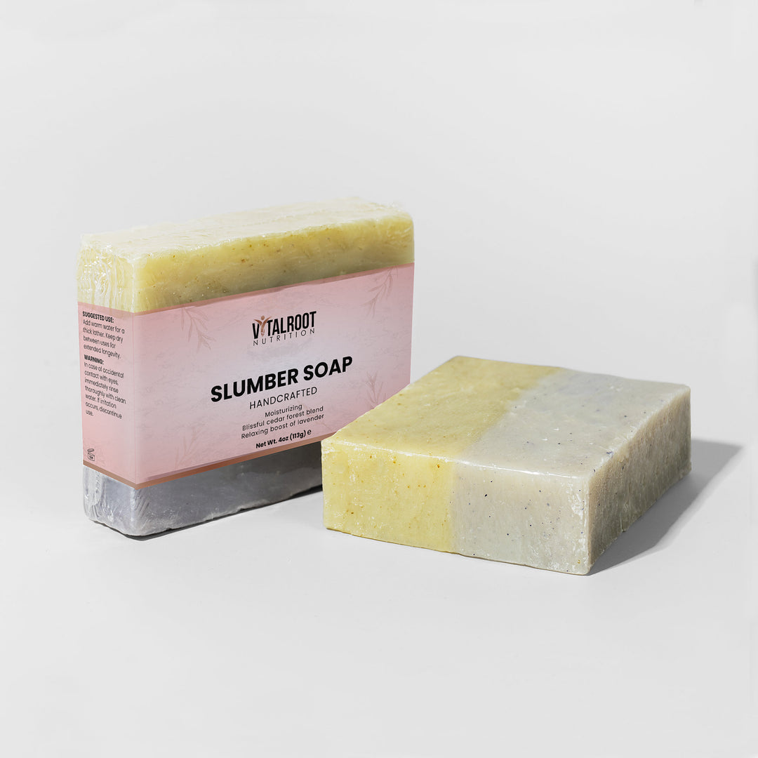 Bar of soap with a pink box labeled 'Vital Root' on a white background
