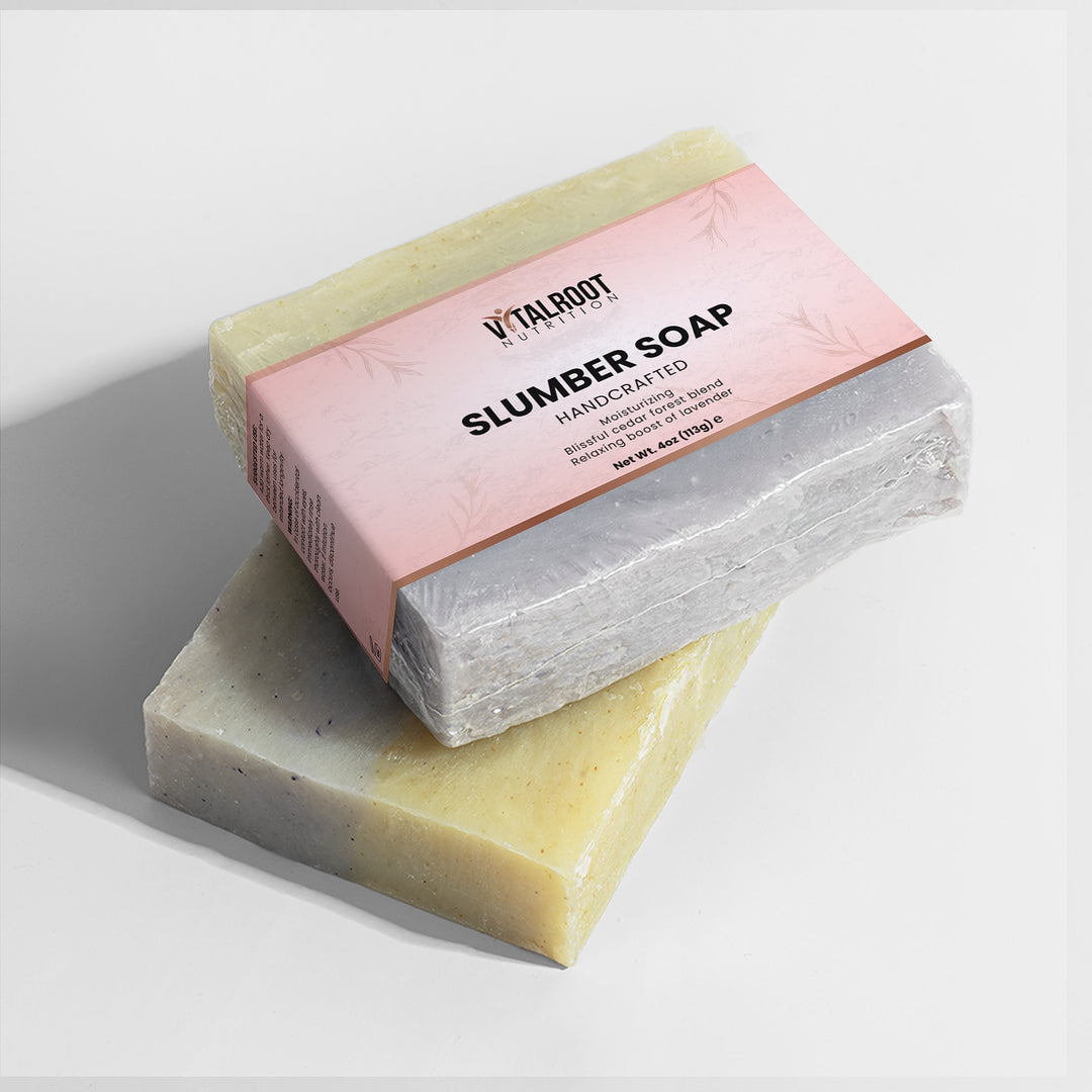 Two bars of soap with a pink packaging label on a white background