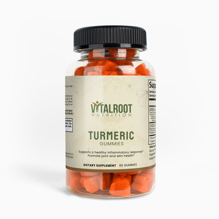 Jar of Turmeric Gummies with Vitalroot Nutrition label on a white background