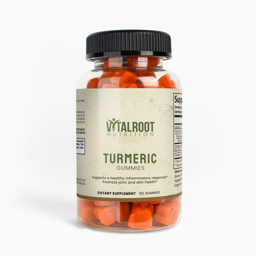 Jar of Turmeric Gummies with Vitalroot Nutrition label on a white background
