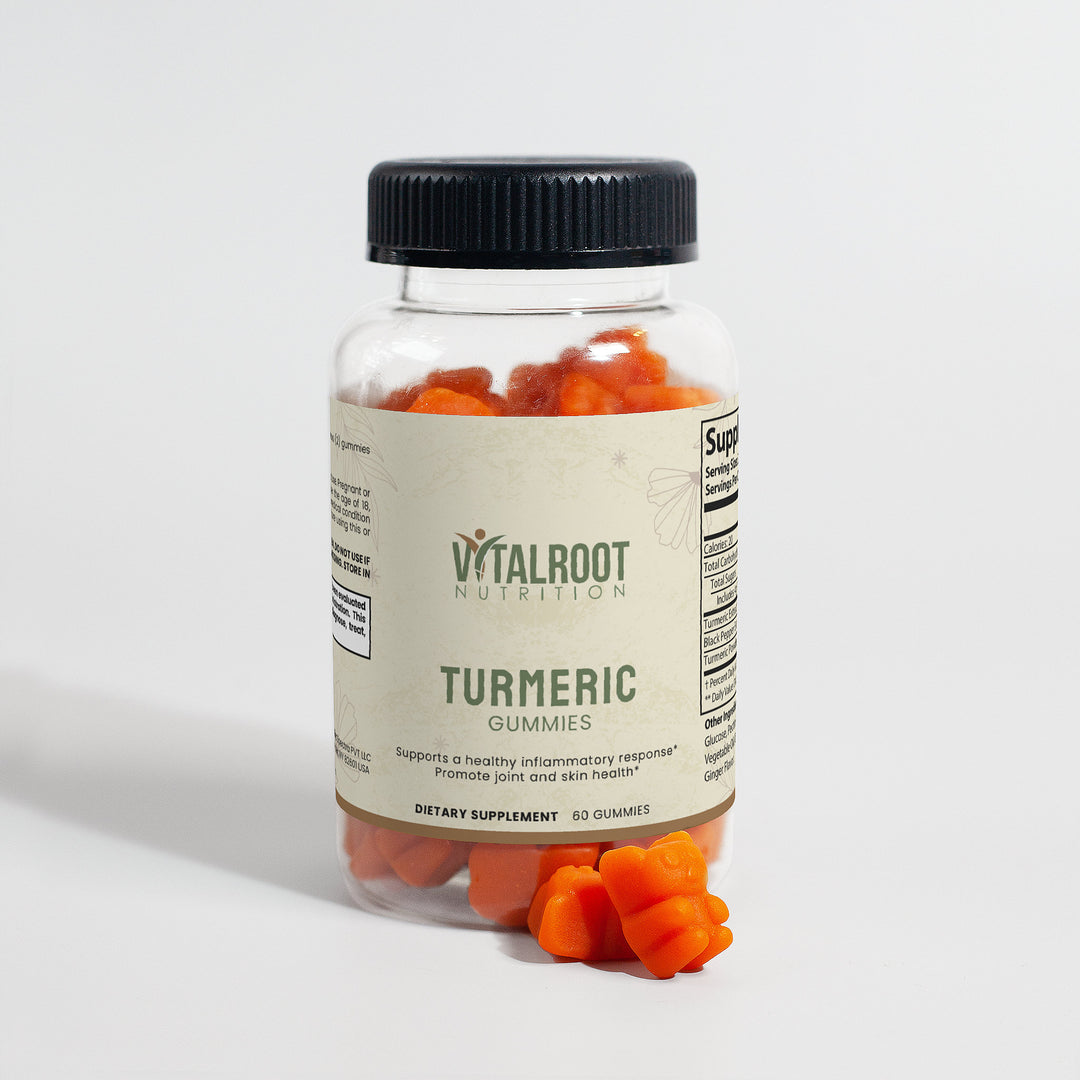 Jar of Turmeric Gummies with Vitalroot Nutrition label on a light gray background