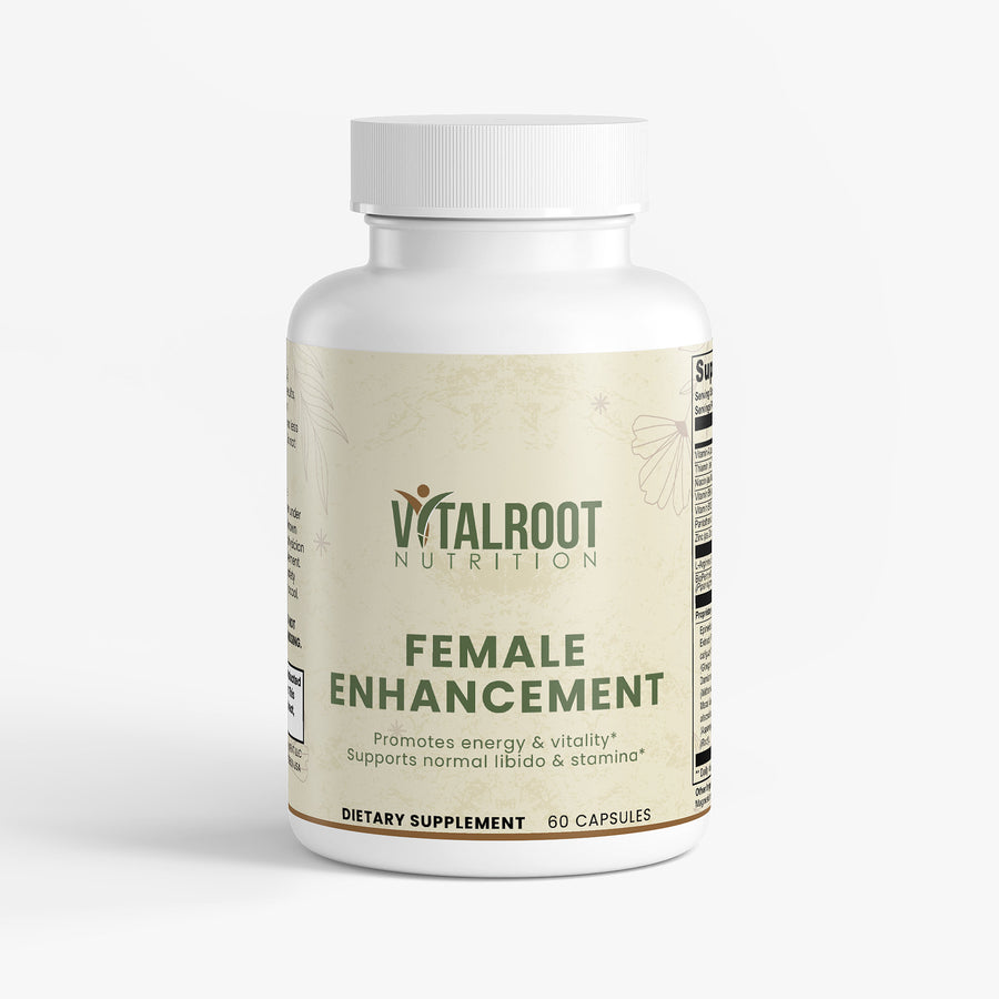 Supplement bottle labeled 'Vitalroot Nutrition Female Enhancement' on a white background