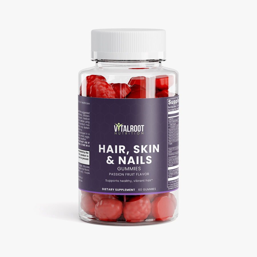 Bottle of Vitalroot Nutrition Hair, Skin & Nails gummies on a white background