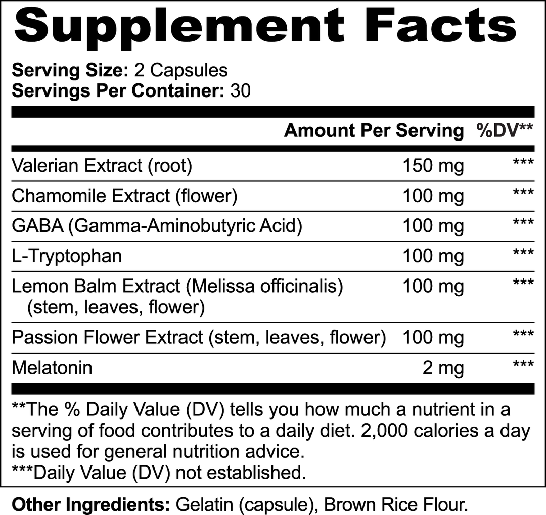 Supplement facts label with various extracts and melatonin on a white background