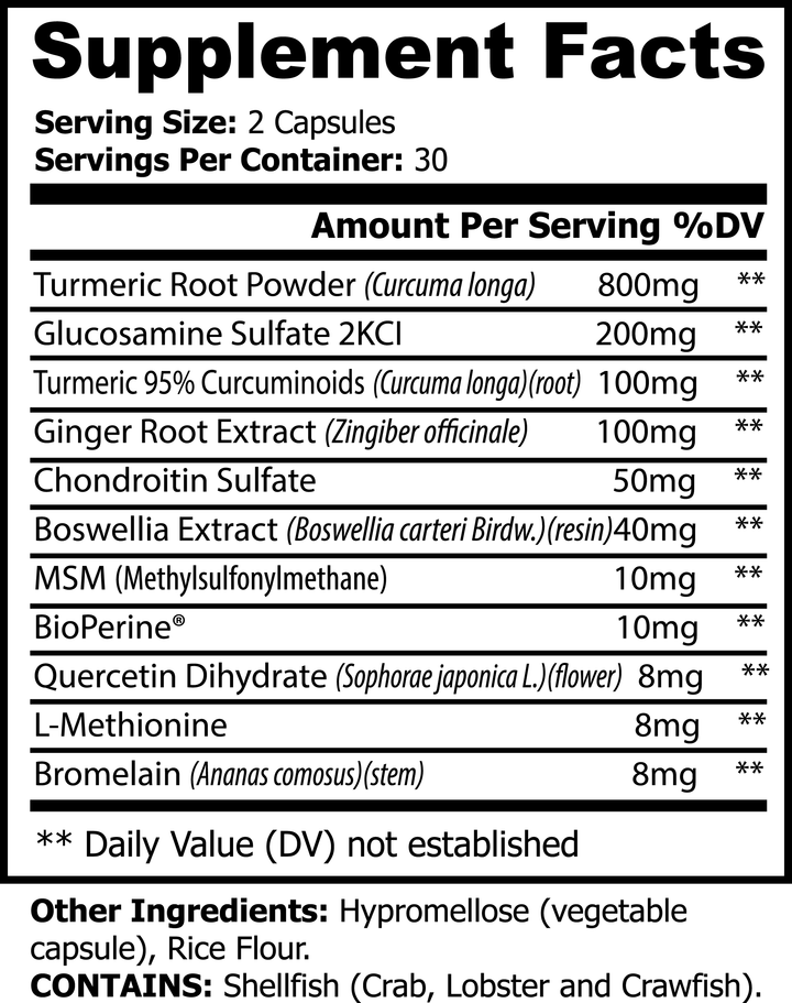 Supplement facts label with various ingredients and their amounts per serving.