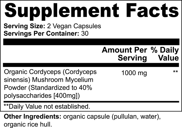 Cordyceps Mushroom | Organic Mushroom Mycelium Powder for Energy & Immunity | (60 Vegan Capsules)