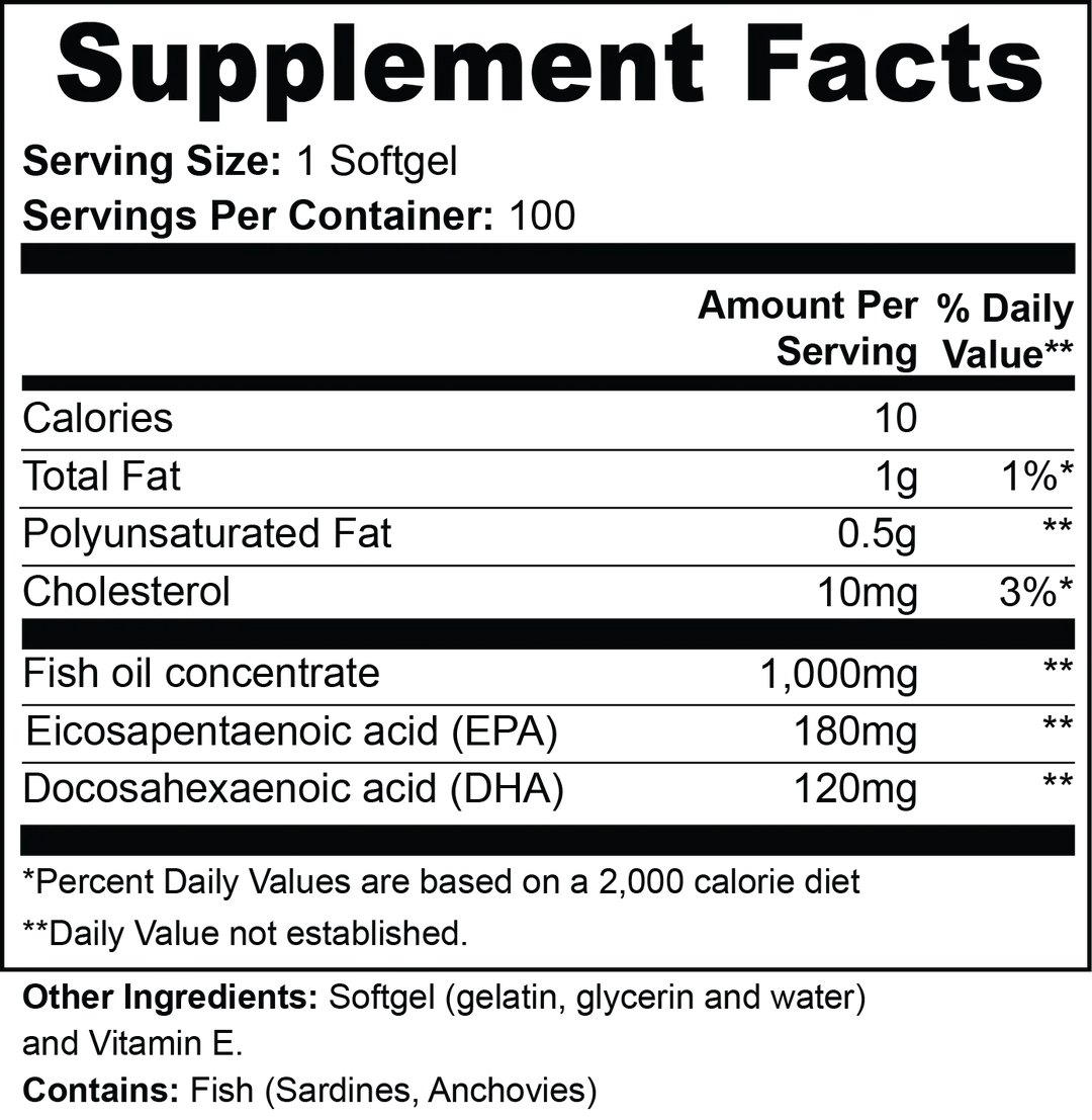 Omega-3 Fish Oil – 180mg EPA + 120mg DHA – Heart & Brain Support | 100 Softgels