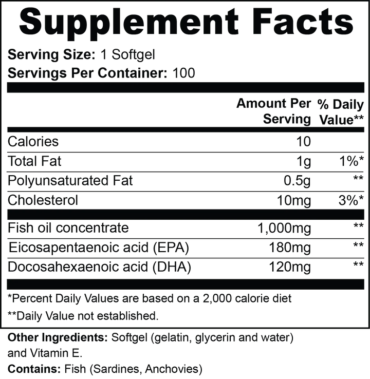Omega-3 Fish Oil – 180mg EPA + 120mg DHA – Heart & Brain Support | 100 Softgels