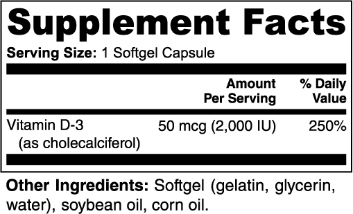 Supplement facts label for a vitamin D3 supplement with serving size, amount per serving, and other ingredients listed.