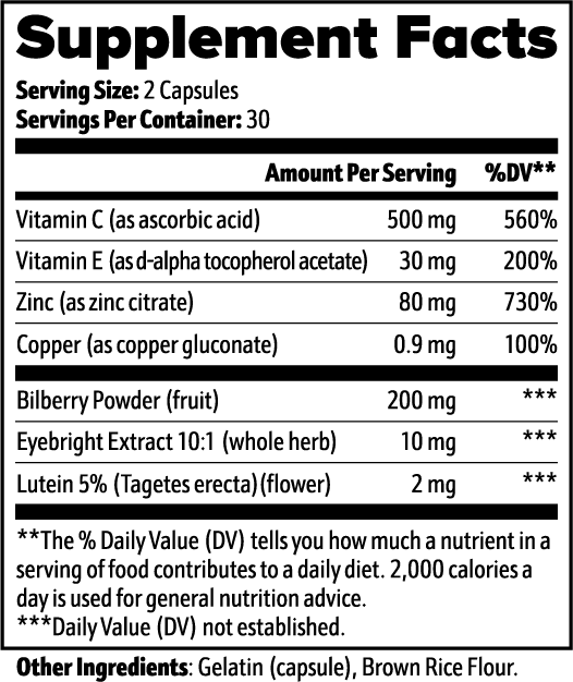 Supplement facts label with various vitamins and minerals listed