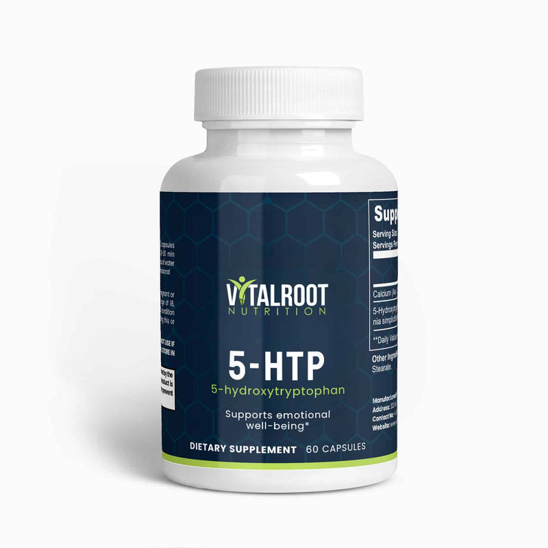 5-HTP bottle with product label showing supplement information and benefits.