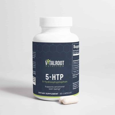 Close-up of 5-HTP bottle with one capsule next to the jar and visible label.