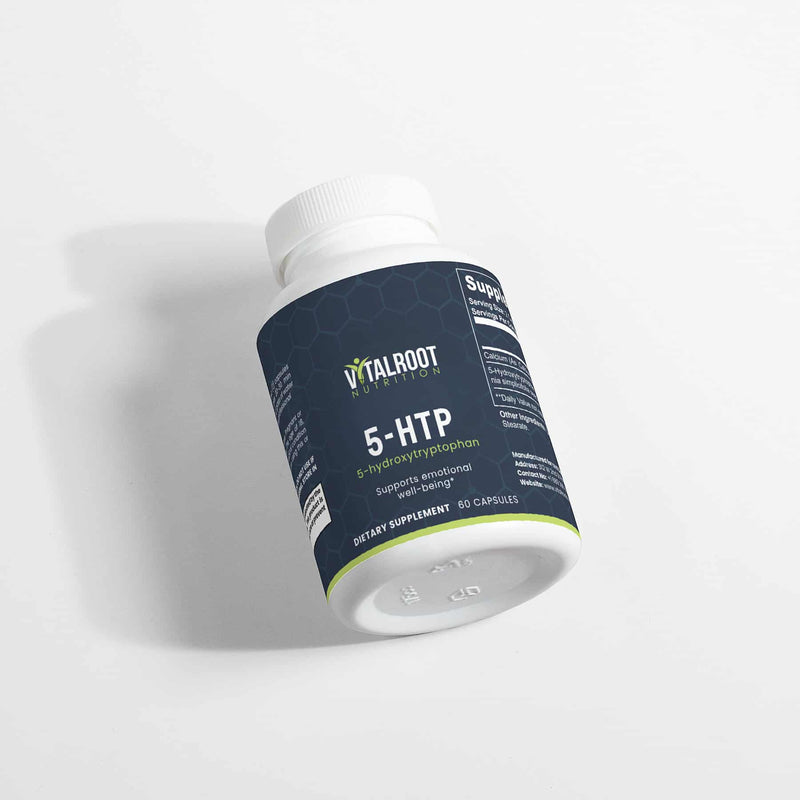 Side view of 5-HTP bottle with label showing supplement details and serving size.