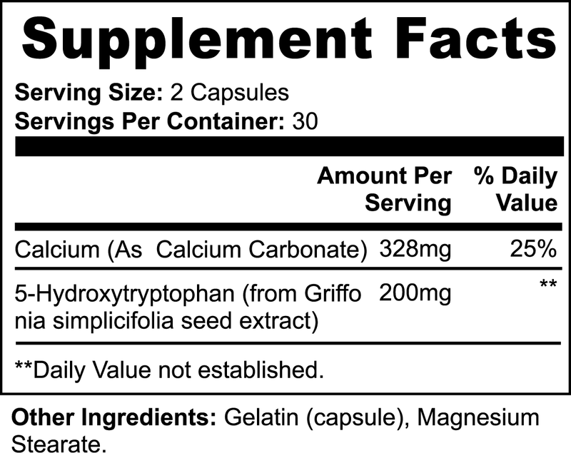 Supplement facts label for 5-HTP showing ingredients and daily value information.