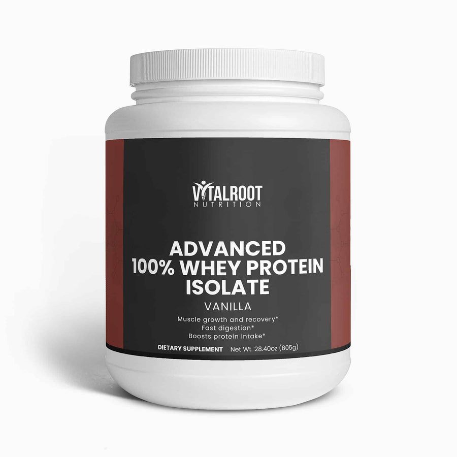 Vitalroot Nutrition Advanced 100% Whey Protein Isolate container on a white background