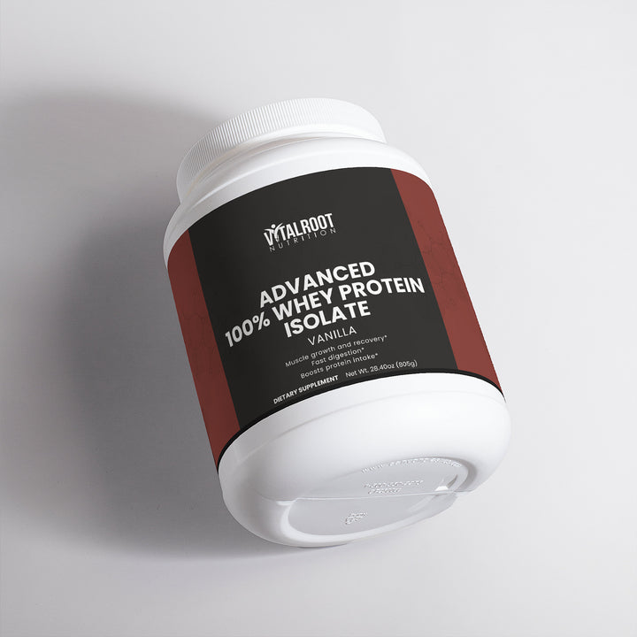 Container of Vital Root Advanced Whey Protein Isolate on a light gray background