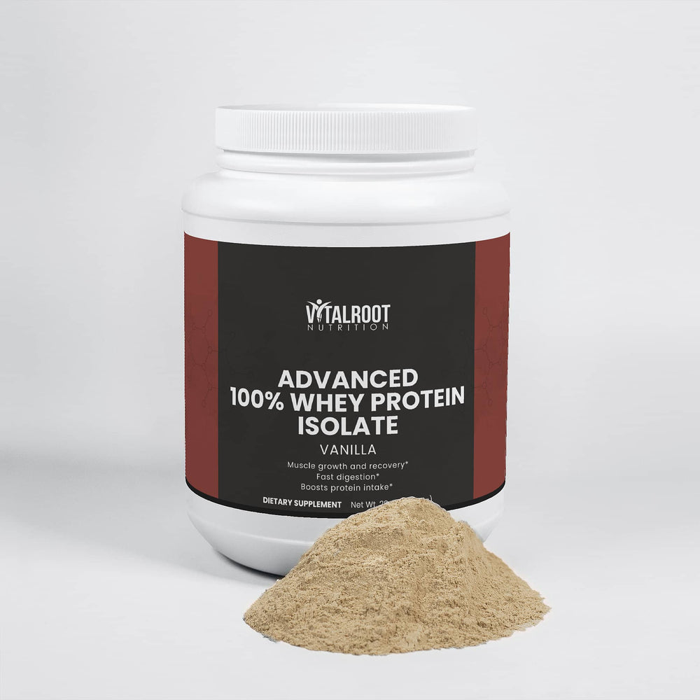 Vital Root Advanced 100% Whey Protein Isolate container with protein powder on a white background
