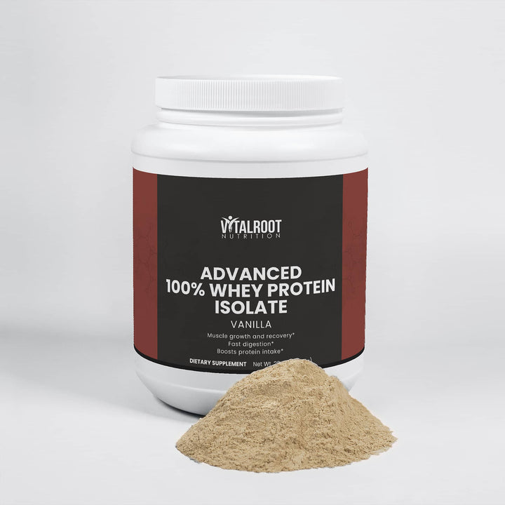 Vital Root Advanced 100% Whey Protein Isolate container with protein powder on a white background