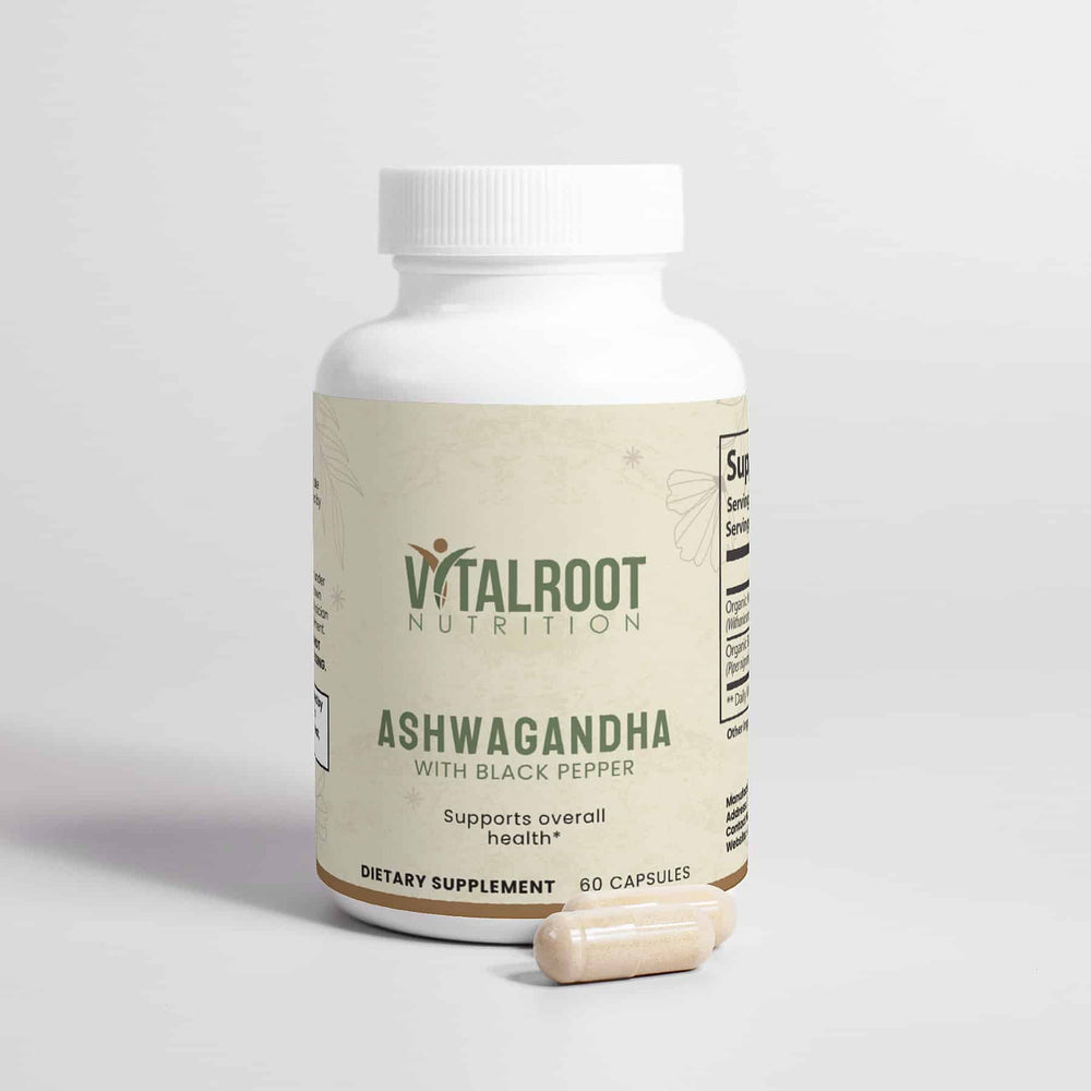 Vitalroot Nutrition Ashwagandha supplement bottle on a light gray background