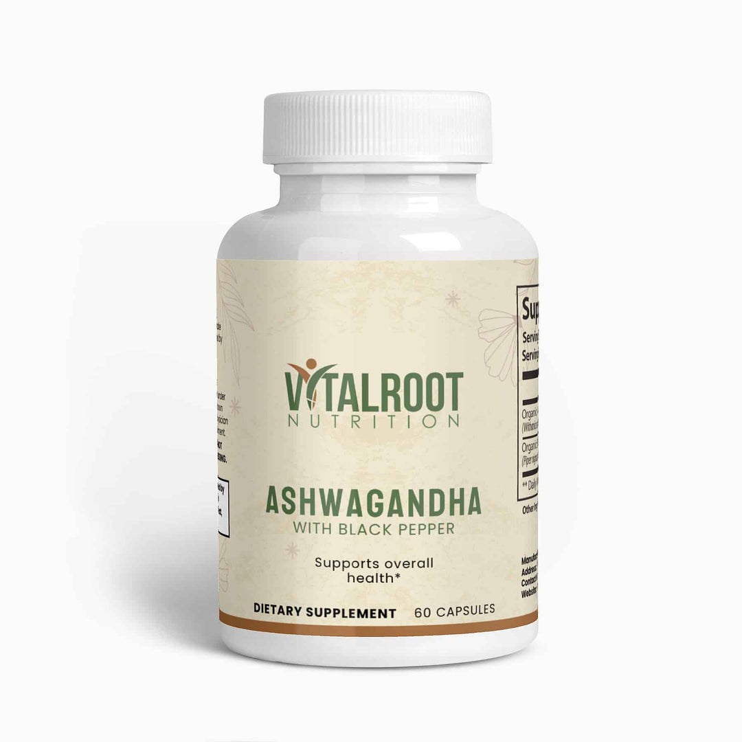 Vitalroot Nutrition Ashwagandha supplement bottle on a white background