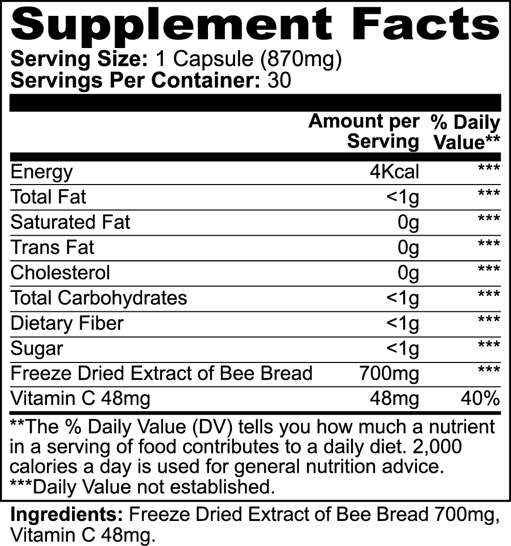 Supplement facts label for a product with freeze-dried extract of bee bread and vitamin C.