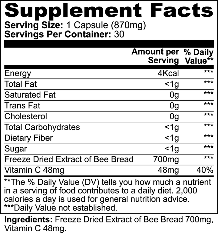 Supplement facts label for a product with freeze-dried extract of bee bread and vitamin C.