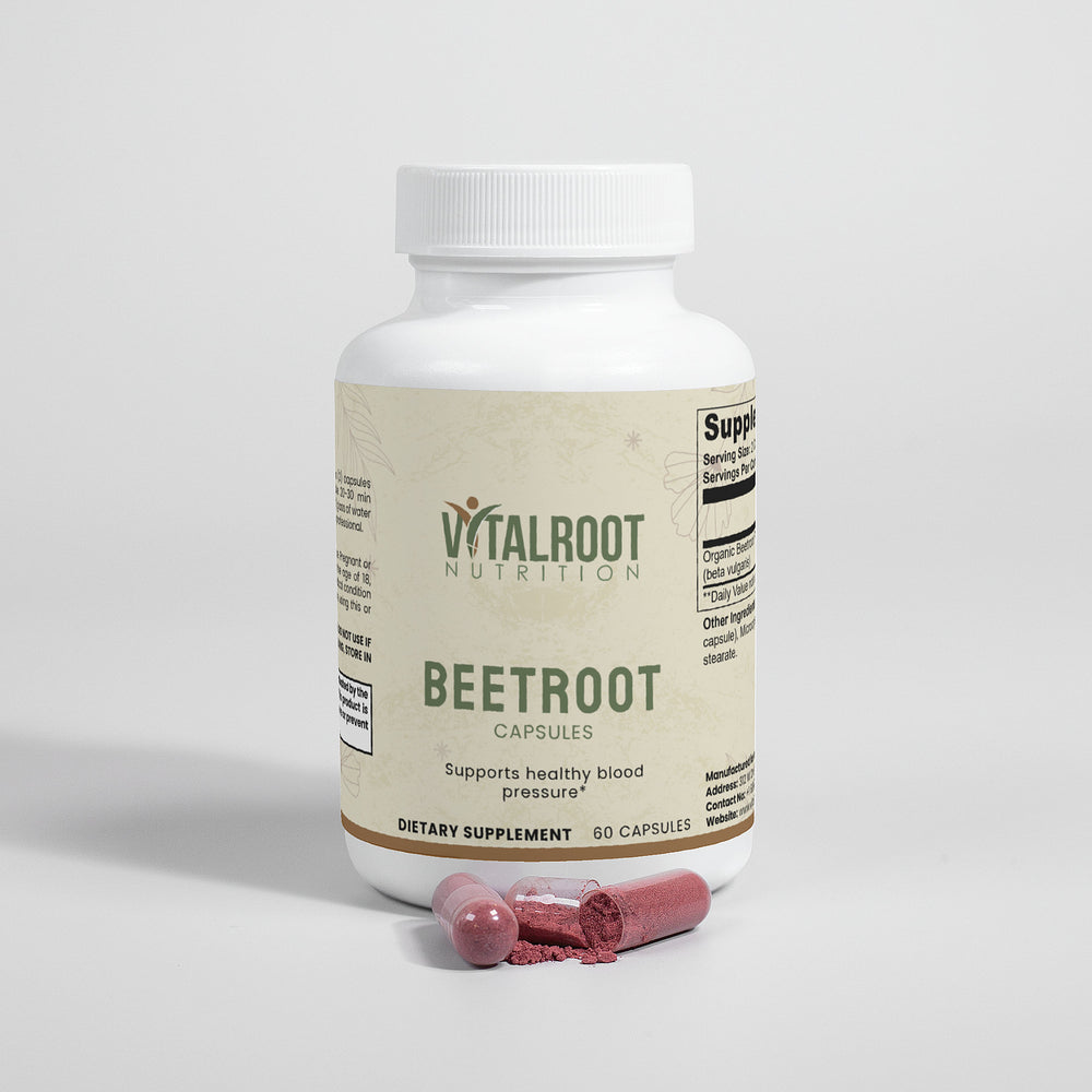 Vitalroot Nutrition Beetroot supplement bottle with capsules on a light gray background