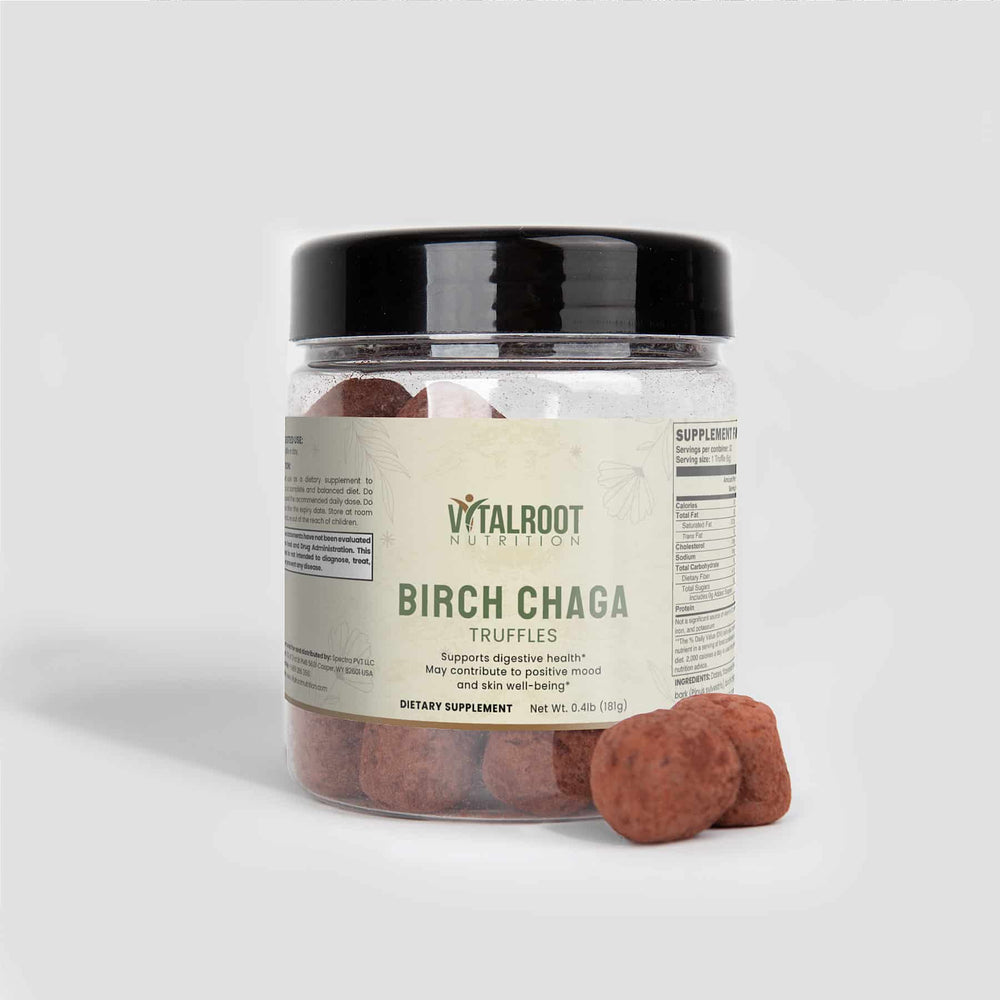 Jar of Vitalroot Nutrition Birch Chaga Truffles on a white background