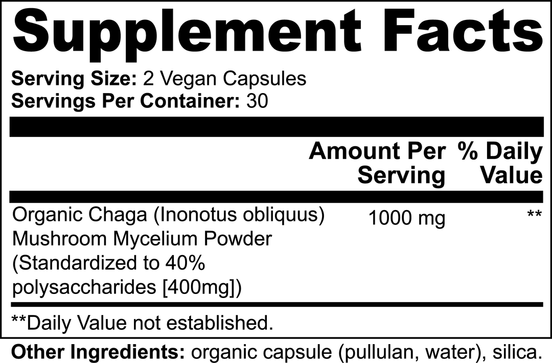 Supplement facts label for Organic Chaga mushroom powder with serving size and container details.