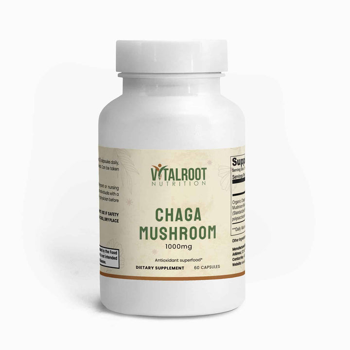 Vitalroot Nutrition Chaga Mushroom supplement bottle on a white background