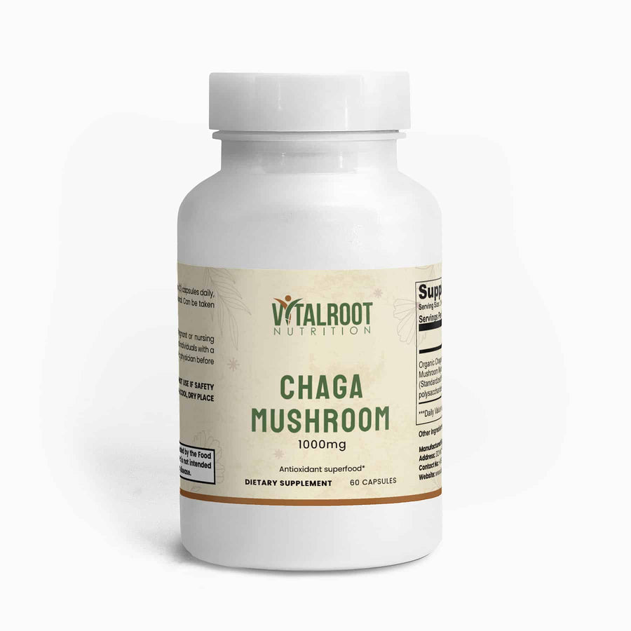 Vitalroot Nutrition Chaga Mushroom supplement bottle on a white background