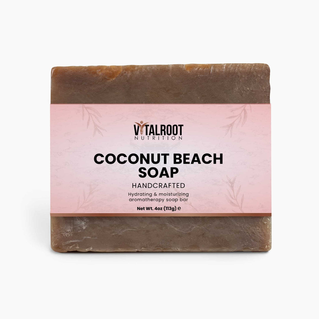 Coconut Beach Soap bar with 'Vitalroot Nutrition' branding on a white background