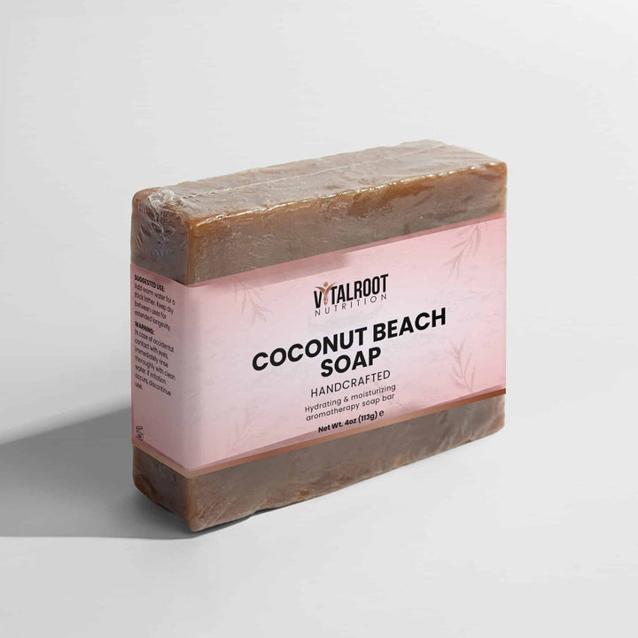 Coconut Beach Soap bar with 'Vitalroot' branding on a light gray background