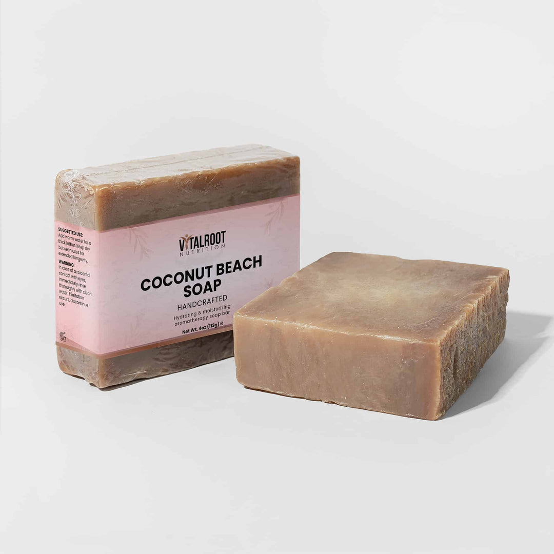 Two bars of coconut beach soap with a visible brand label on a white background