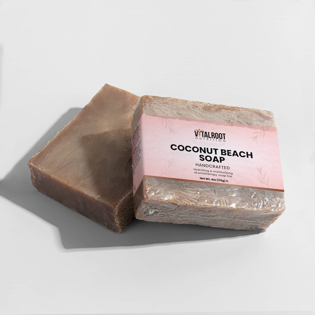 Coconut beach soap with a pink label on a white background