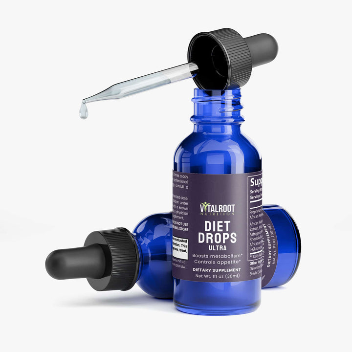 Blue bottle of Vitalroot Diet Drops Ultra with dropper on a white background