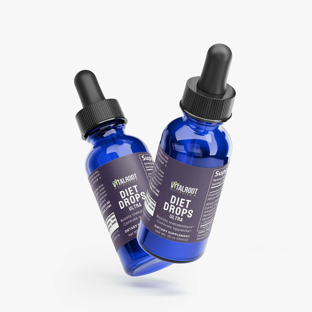 Two blue bottles of Vitalroot Diet Drops Ultra on a white background