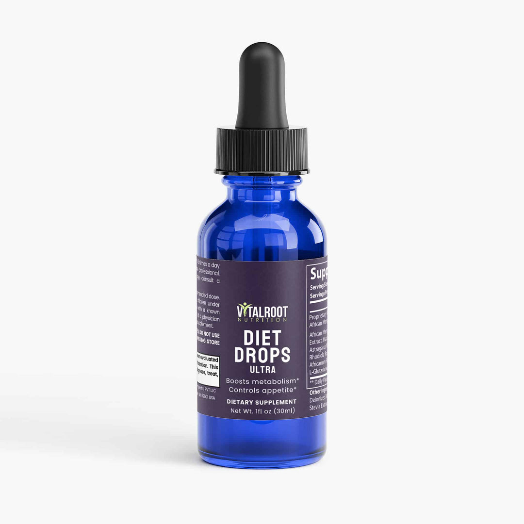 Blue bottle of Vitalroot Diet Drops Ultra on a white background