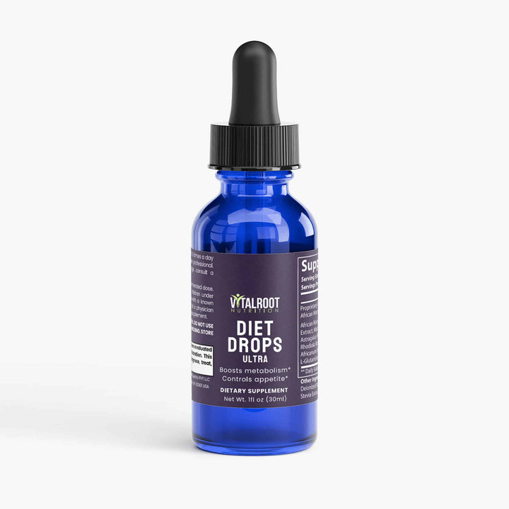 Blue bottle of Vitalroot Diet Drops Ultra on a white background