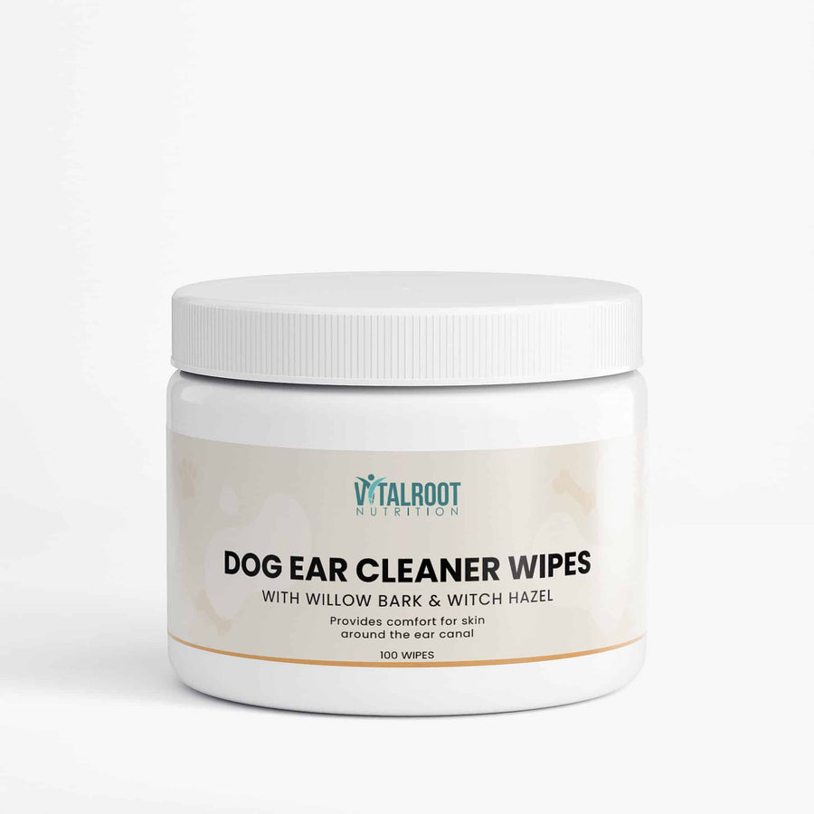Jar of Dog Ear Cleaner Wipes with Vitalroot Nutrition branding on a white background