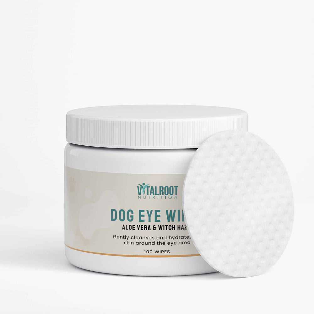 Jar of Vitalroot Nutrition Dog Eye Wipes on a white background