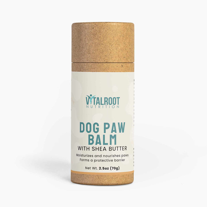 Dog paw balm container with a wooden cap on a white background