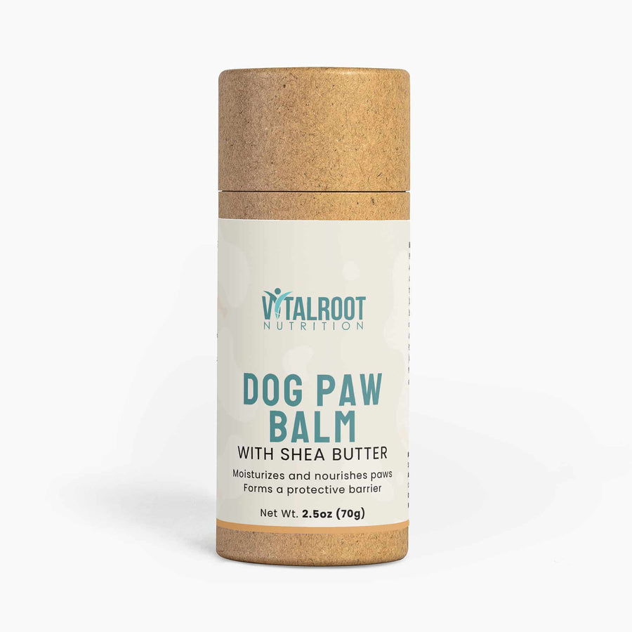 Dog paw balm container with a wooden cap on a white background