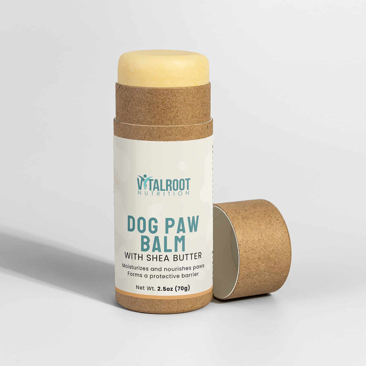 Dog paw balm with shea butter by Vitalroot Nutrition on a light gray background