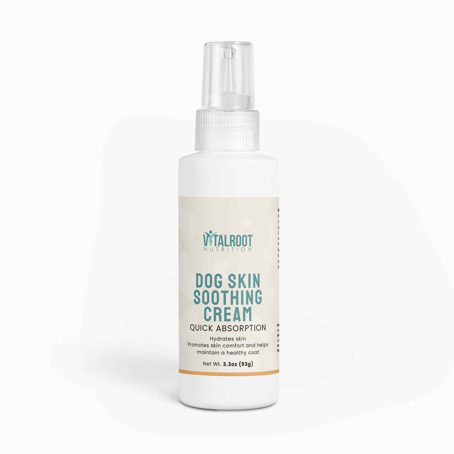 Dog skin soothing cream bottle with label on a white background