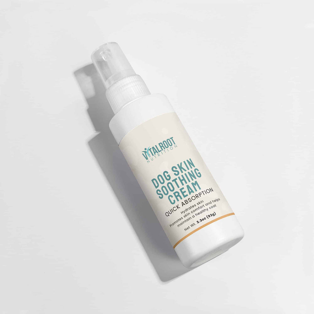 Dog skin soothing cream bottle on a light gray background