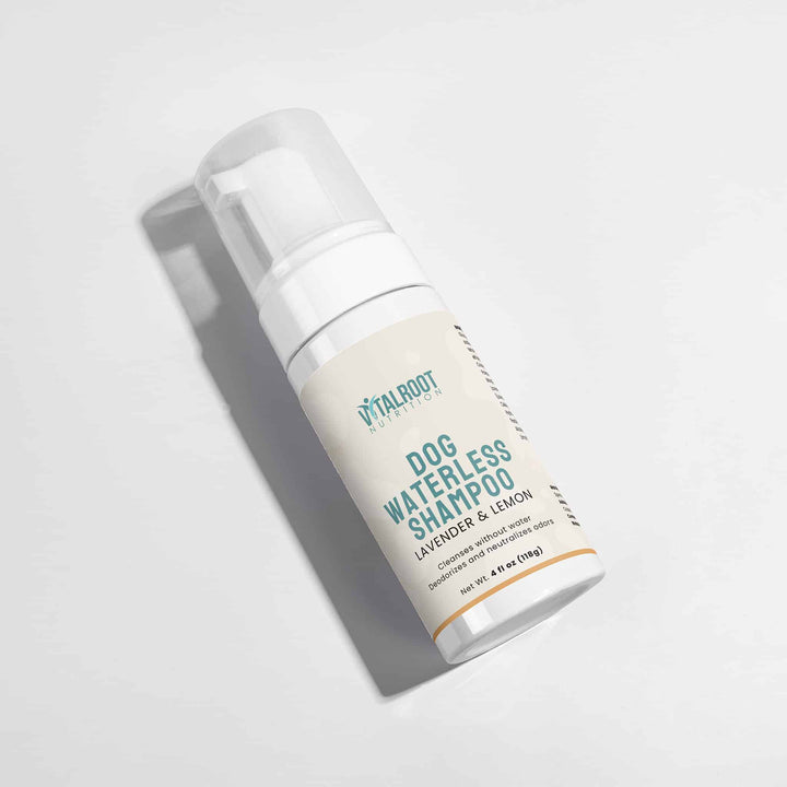 Dog waterless shampoo bottle with visible branding on a light gray background
