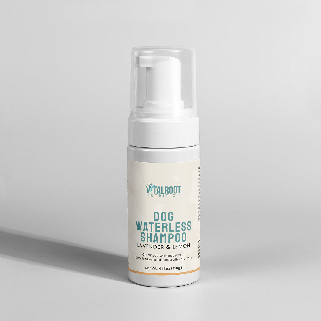 Dog waterless shampoo bottle with 'Vitalroot' branding on a gray background