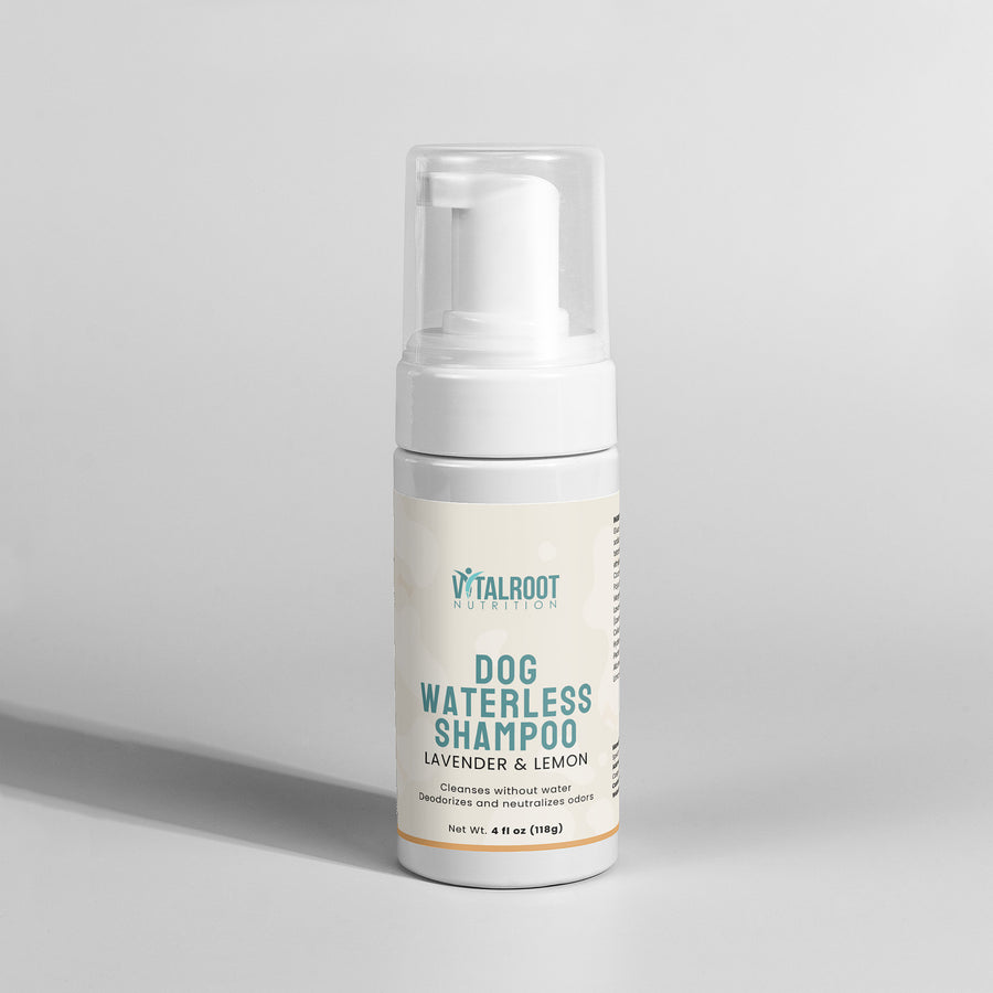 Dog waterless shampoo bottle with 'Vitalroot' branding on a gray background